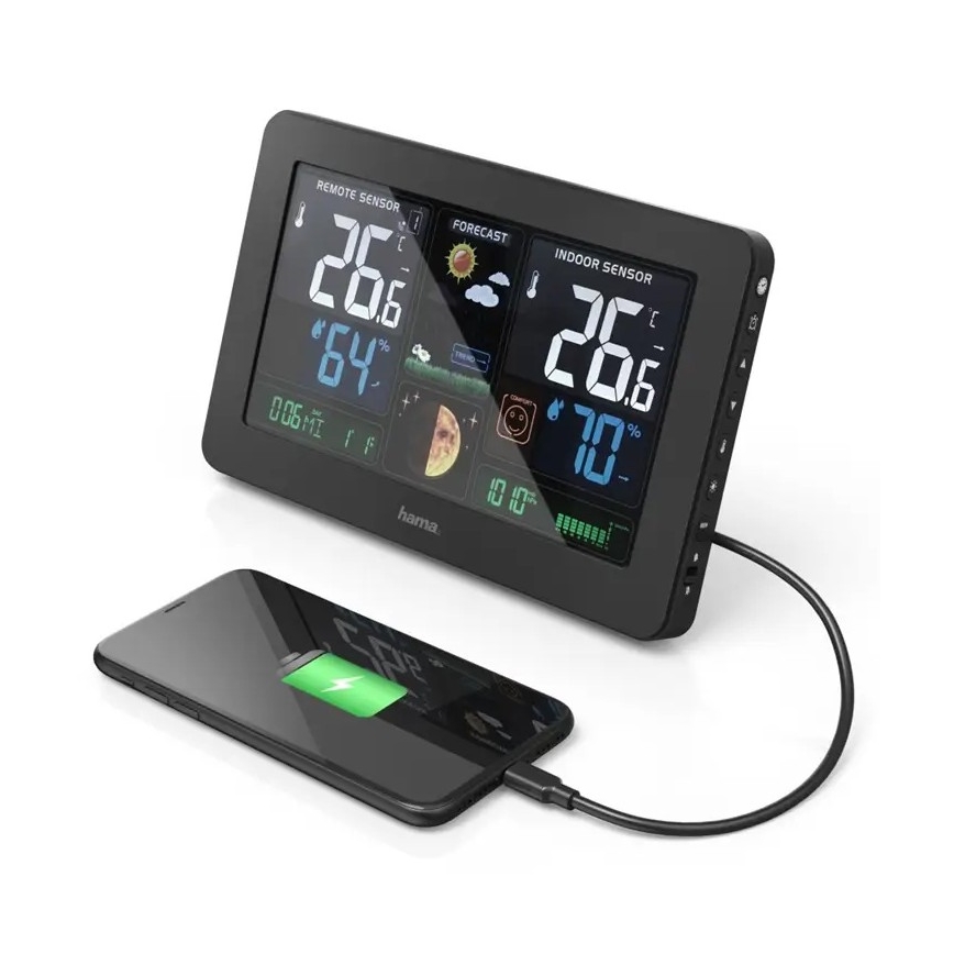 Hama - Meteostanice s barevným LCD displejem a budíkem 230V/2xAA + USB černá