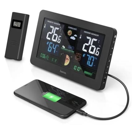 Hama - Meteostanice s barevným LCD displejem a budíkem 230V/2xAA + USB černá