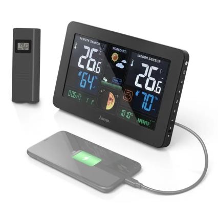 Hama - Meteostanice s barevným LCD displejem a budíkem 230V/2xAA + USB černá