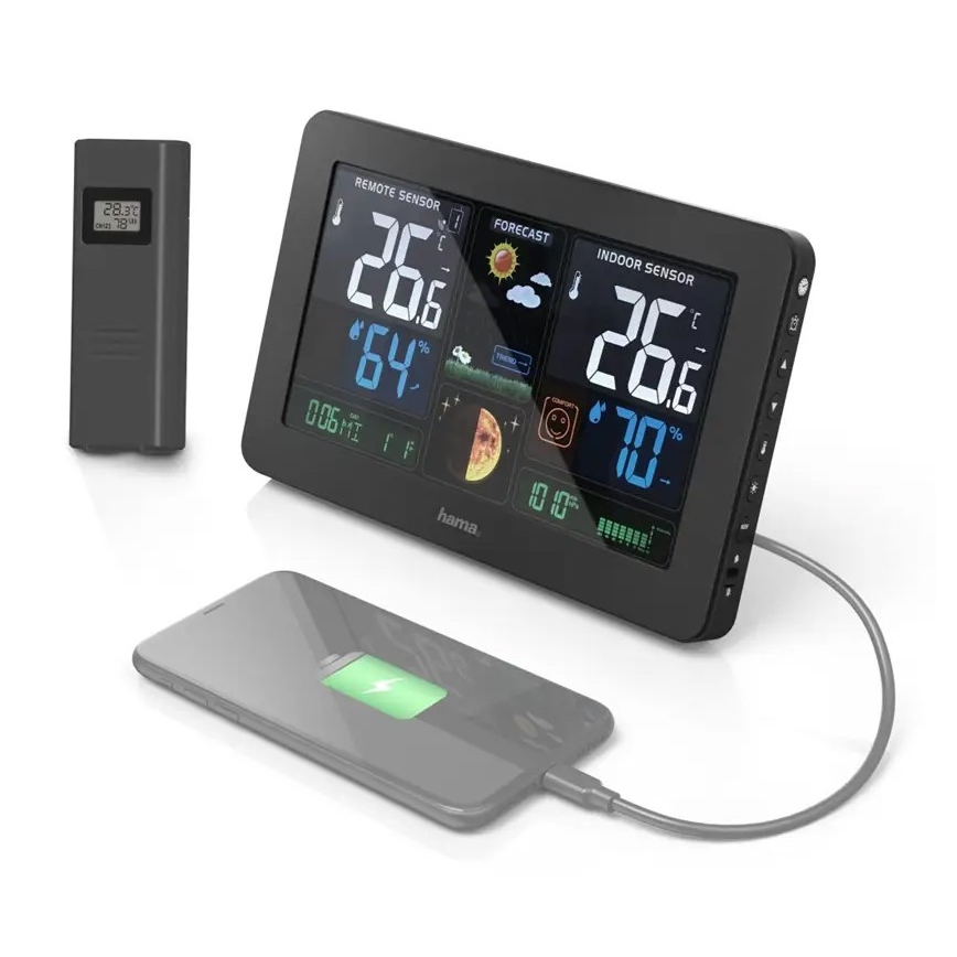 Hama - Meteostanice s barevným LCD displejem a budíkem 230V/2xAA + USB černá