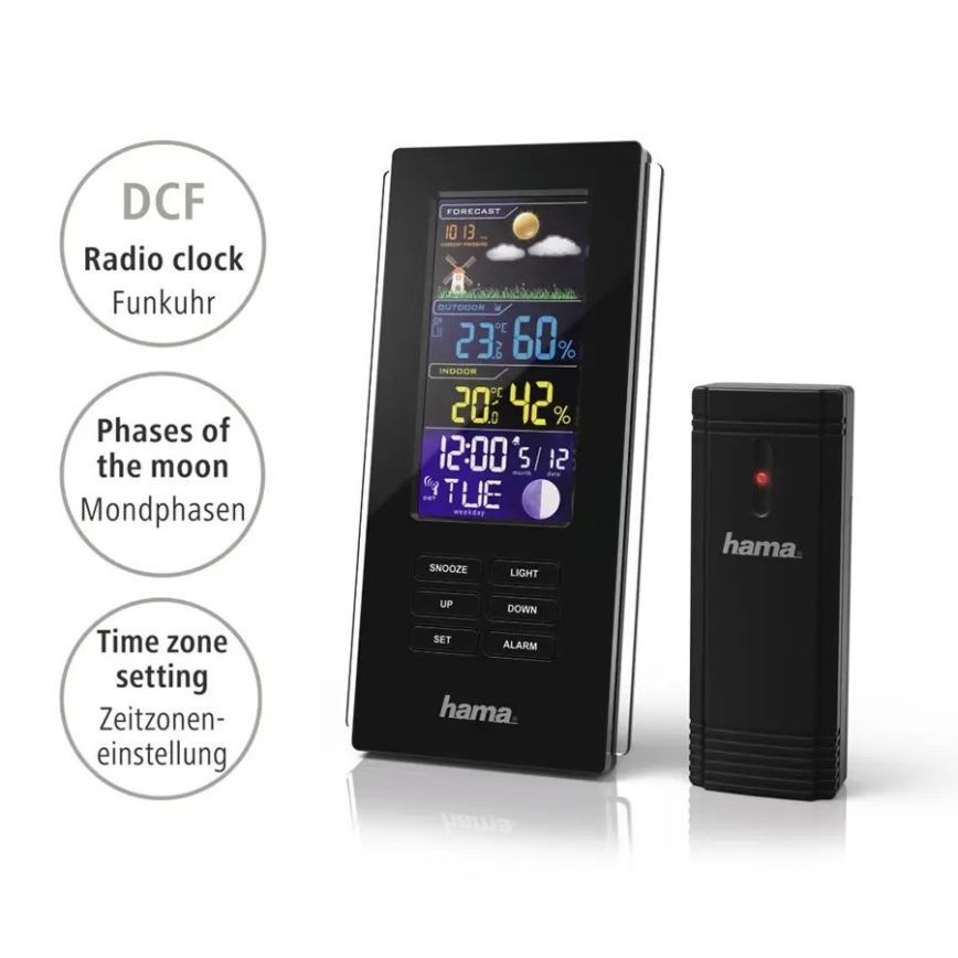 Hama - Meteostanice s barevným LCD displejem a budíkem 3xAAA černá