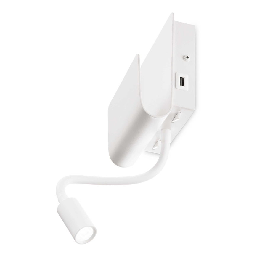 Ideal Lux - LED Nástěnné bodové svítidlo s flexibilní lampičkou PROBE LED/9,5W/230V USB CRI 90 bílá