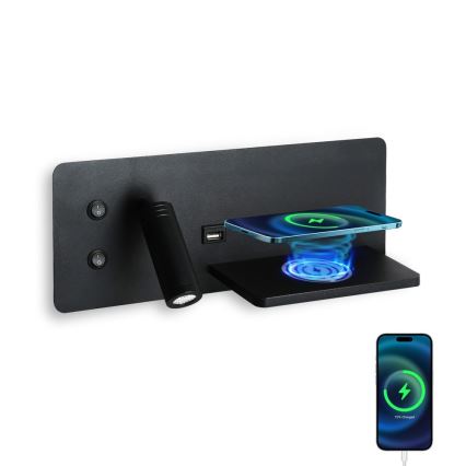 Immax 08287L - LED Nástěnné bodové svítidlo s poličkou, USB portem a bezdrátovým nabíjením Be PREPARE LED/3W/230V + LED/3W černá