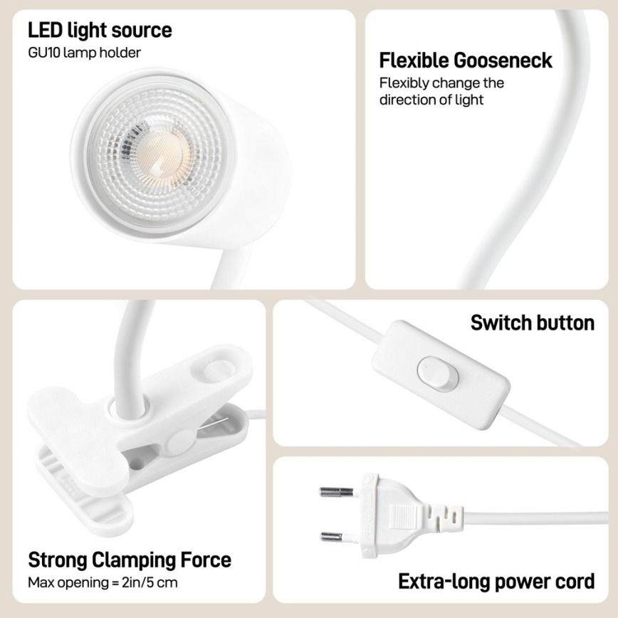 Flexibilní lampa s klipem PUNTO 1xGU10/9W/230V bílá
