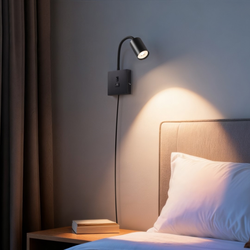 Nástěnná lampa s USB PUNTO 1xGU10/9W/230V černá