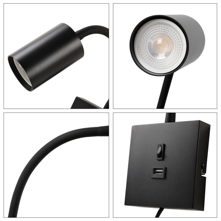 Nástěnná lampa s USB PUNTO 1xGU10/9W/230V černá