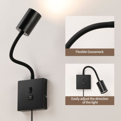 Nástěnná lampa s USB PUNTO 1xGU10/9W/230V černá