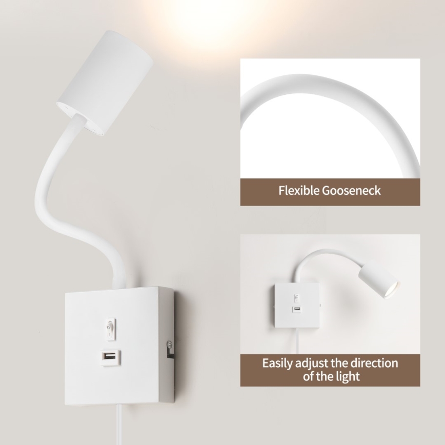 Nástěnná lampa s USB PUNTO 1xGU10/9W/230V bílá