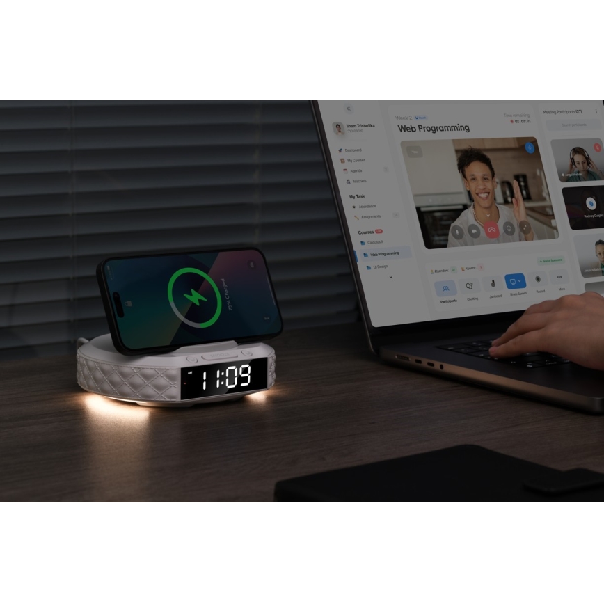 Budík s LCD displejem a bezdrátovou Qi nabíječkou 27W/9V 220 mAh bílá