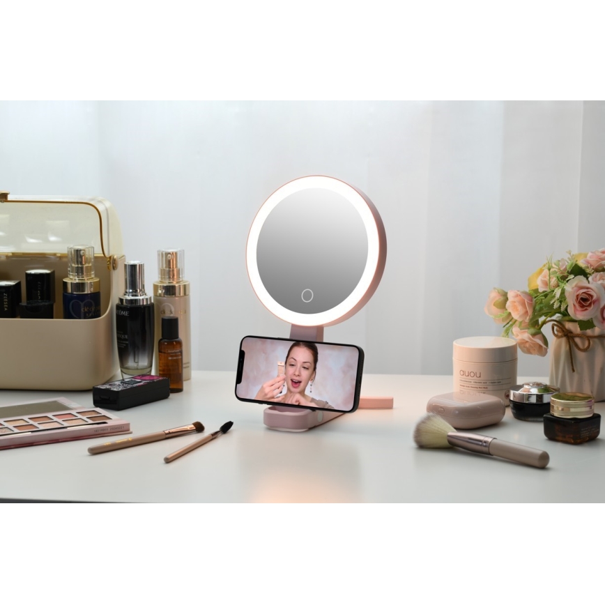 Immax 09102L - LED+CCT Stmívatelné kosmetické zrcátko SWEET LED/3W/5V růžová