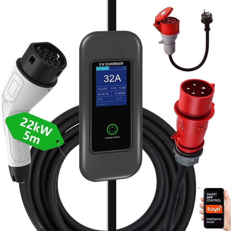Immax - Cestovní nabíjecí stanice EV pro elektromobily AC Type 2 32A/380V 22kW + zástrčka 230V 5m Wi-Fi Tuya