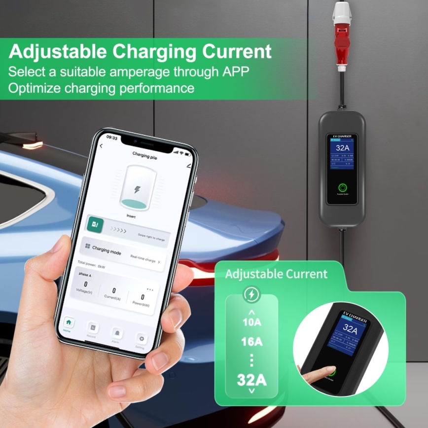 Immax - Cestovní nabíjecí stanice EV pro elektromobily AC Type 2 32A/380V 22kW + zástrčka 230V 5m Wi-Fi Tuya