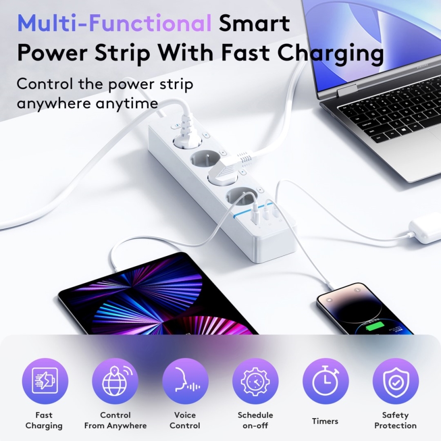 Immax NEO 07821L - Chytrý prodlužovací kabel NEO LITE 4AC+1xUSB+2xUSB C Tuya Wi-Fi