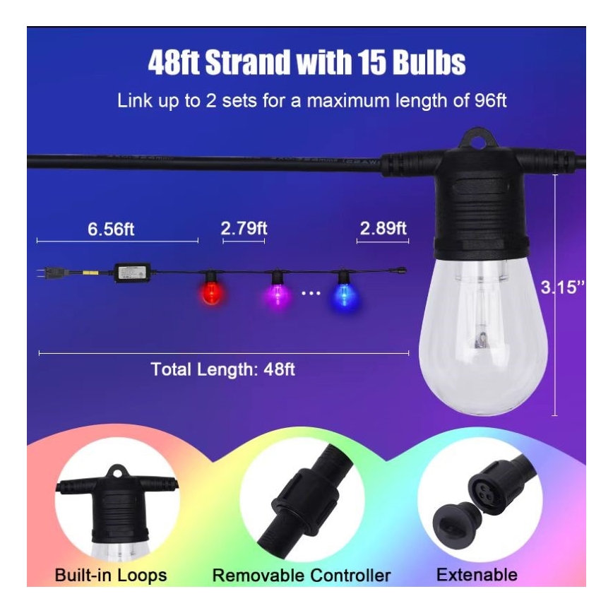 LED RGB+CCT Stmívatelný venkovní řetěz GIRLANDA 15xLED/1W/230V 15m Wi-Fi Tuya IP65 + dálkové ovládání