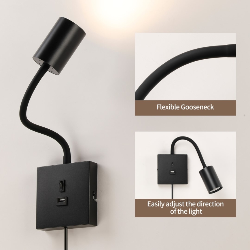 Immax NEO 08295L - Nástěnná lampa s USB PUNTO 1xGU10/9W/230V černá