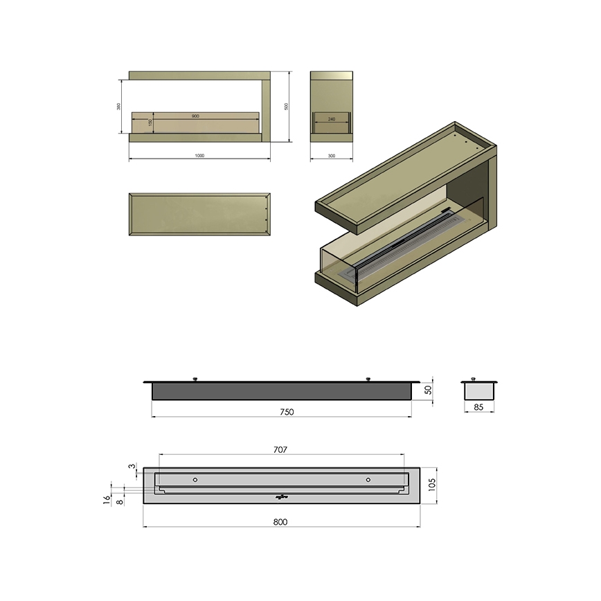 InFire - Rohový BIO krb 100x50 cm 3kW oboustranný
