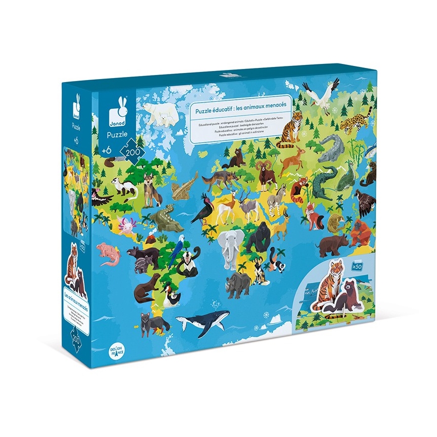Janod - Dětské vzdělávací puzzle 200 ks ohrožená zvířata