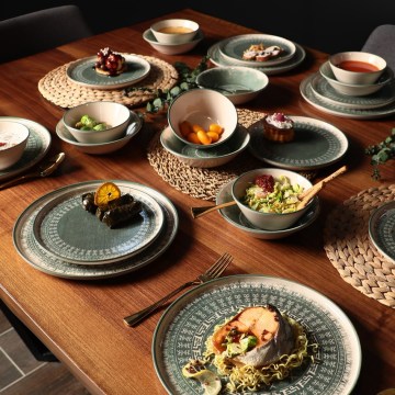 Jídelní sada 24 ks béžová/zelená/kamenina