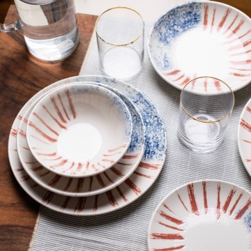 Jídelní sada 24 ks bílá/červená/modrá /porcelán