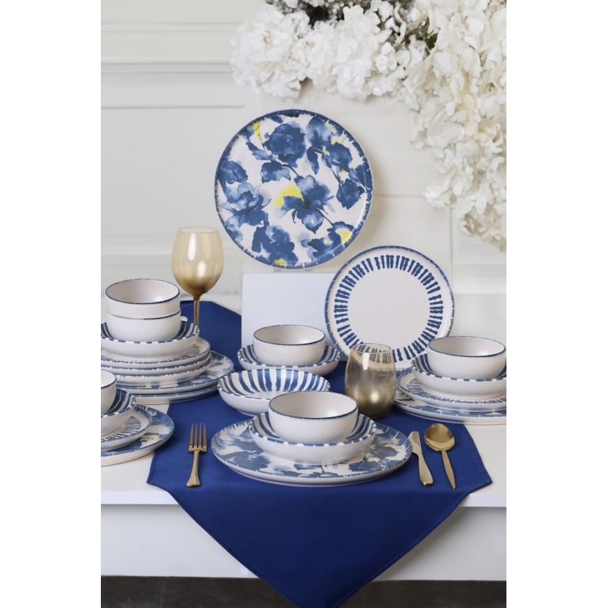 Jídelní sada 24 ks bílá/modrá/kamenina