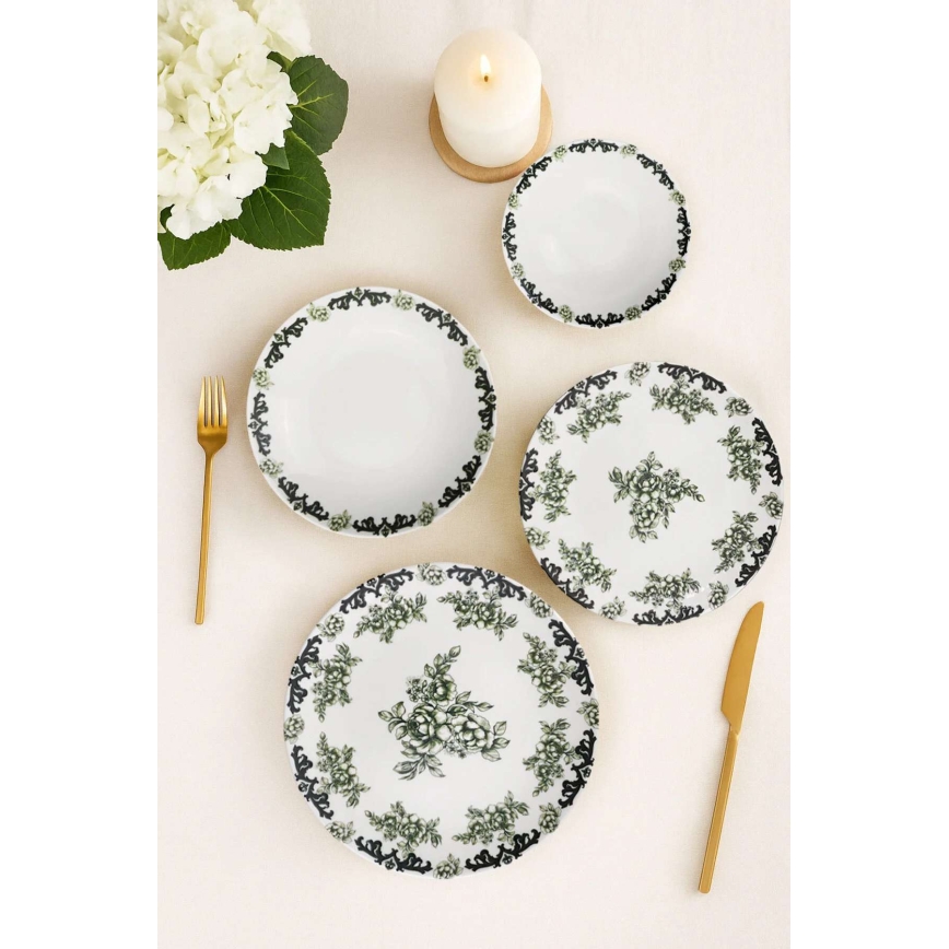 Jídelní sada 24 ks bílá/zelená/porcelán