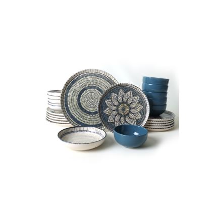 Jídelní sada 24 ks modrá/krémová/kamenina