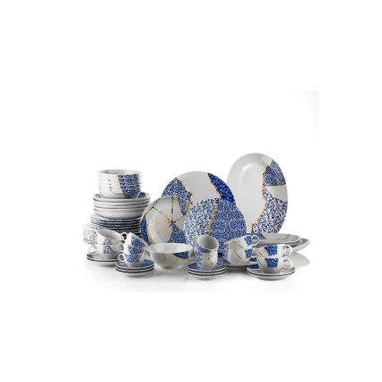 Jídelní sada 28 ks bílá/zlatá/modrá/porcelán