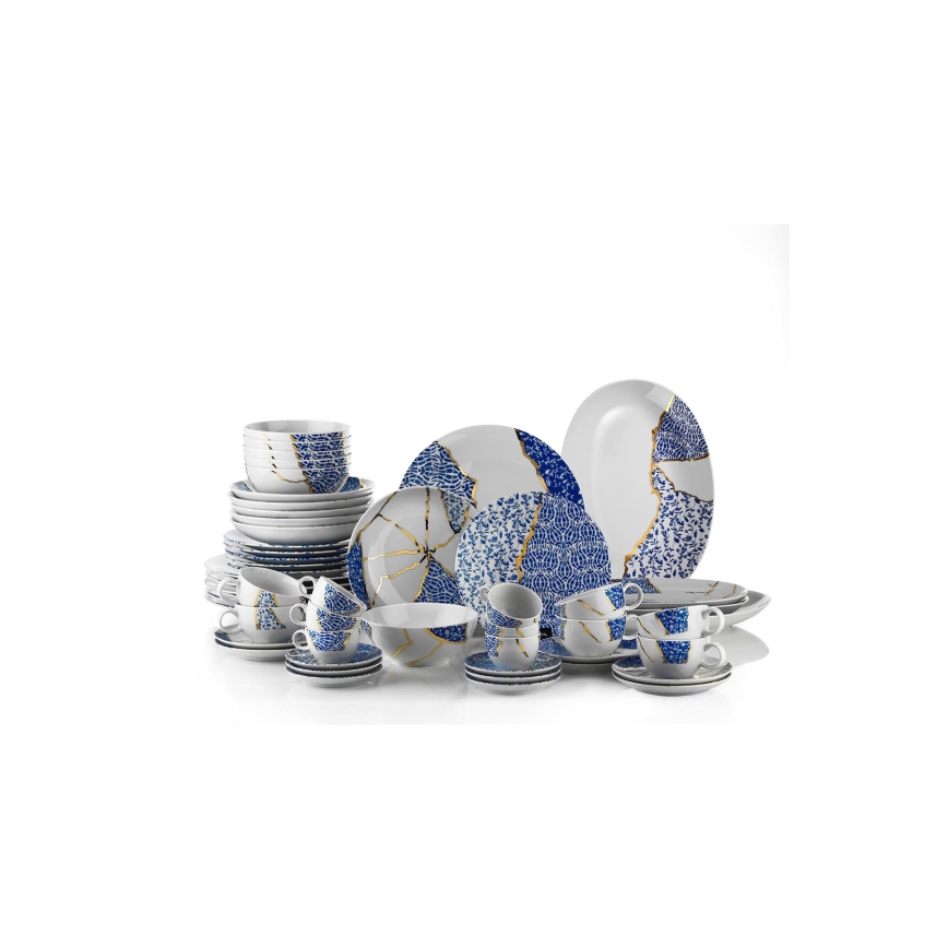 Jídelní sada 28 ks bílá/zlatá/modrá/porcelán