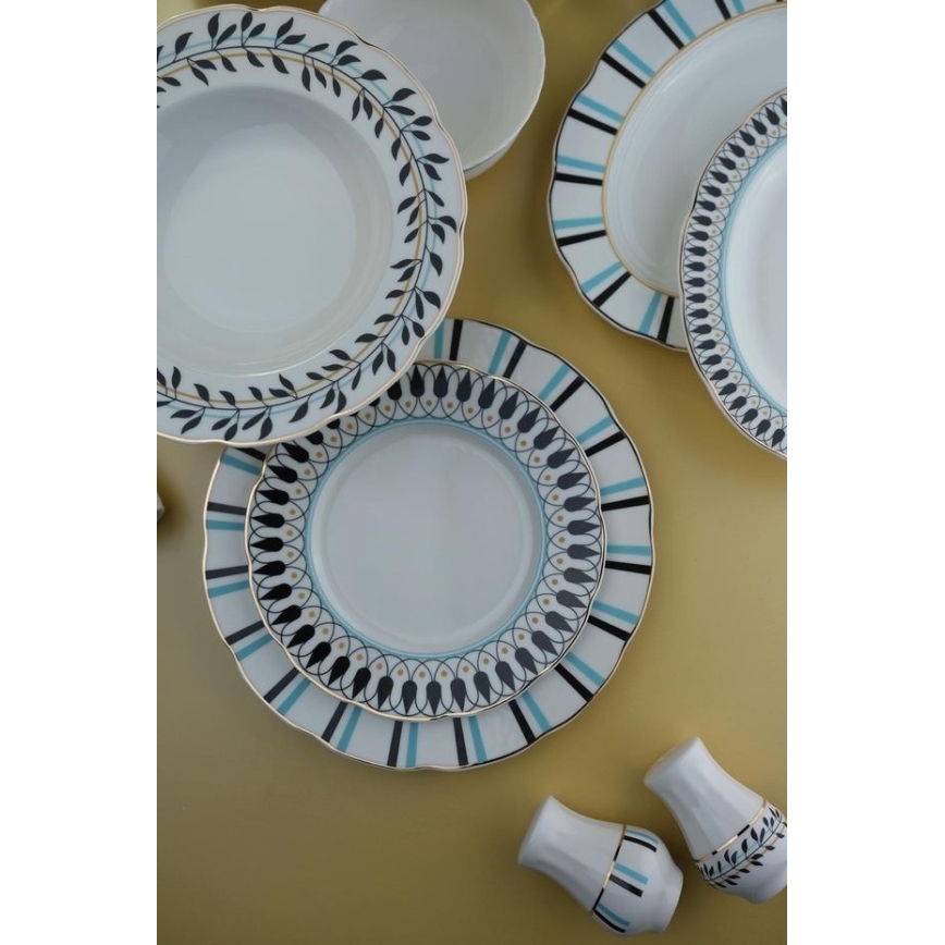 Jídelní sada 62 ks bílá/modrá/černá/porcelán