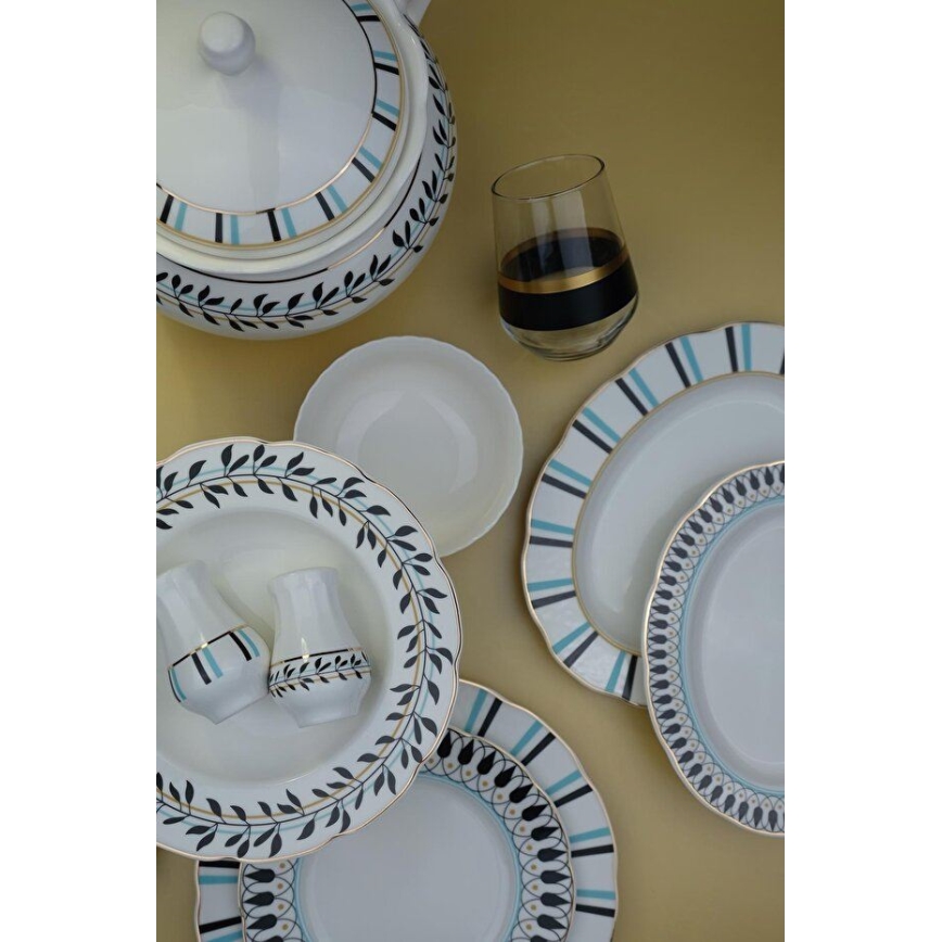 Jídelní sada 62 ks bílá/modrá/černá/porcelán