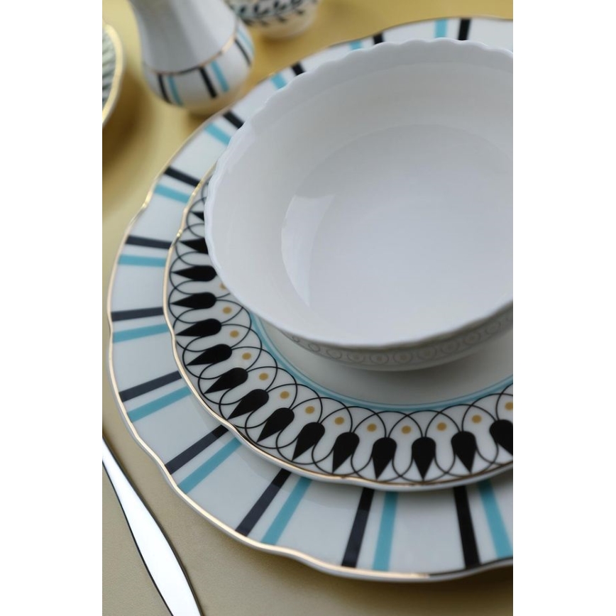 Jídelní sada 62 ks bílá/modrá/černá/porcelán