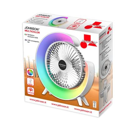 JOHNSON - LED RGB Nabíjecí stolní ventilátor MULTICOLOR LED/5W/3,7V 1200 mAh pr. 14 cm bílá