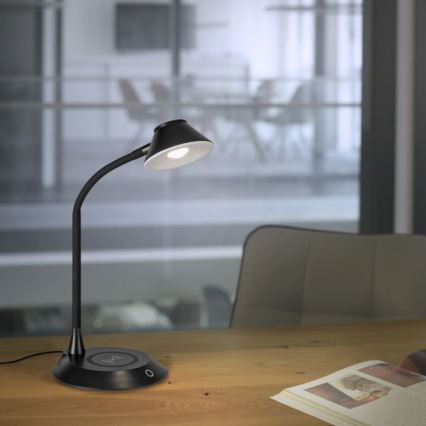 JUST LIGHT. 14414-18 - LED Stmívatelná flexibilní dotyková stolní lampa s bezdrátovým nabíjením PUCKI LED/4,5W/230V černá