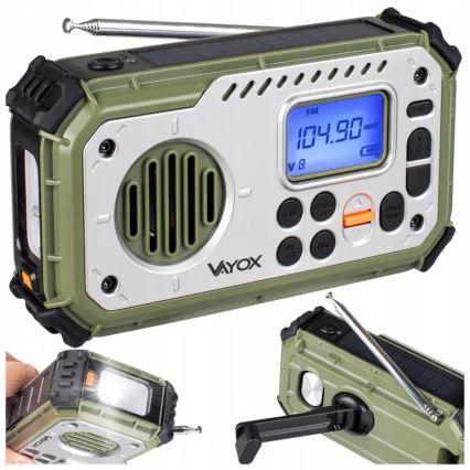 Kempingové rádio s klikou, solárním panelem a LED svítilnou s funkcí powerbanky 5V/3xAAA/2000 mAh IPX4 zelená