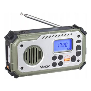 Kempingové rádio s klikou, solárním panelem a LED svítilnou s funkcí powerbanky 5V/3xAAA/2000 mAh IPX4 zelená
