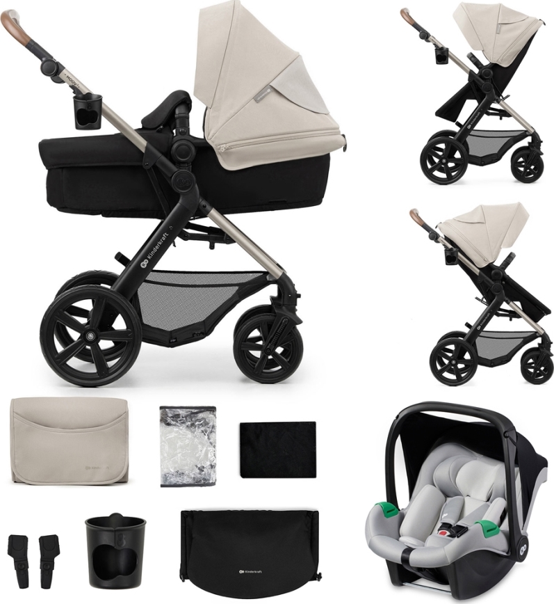 KINDERKRAFT - Kombinovaný kočárek 3v1 MOOV 2 Moonlight grey + autosedačka MINK PRO