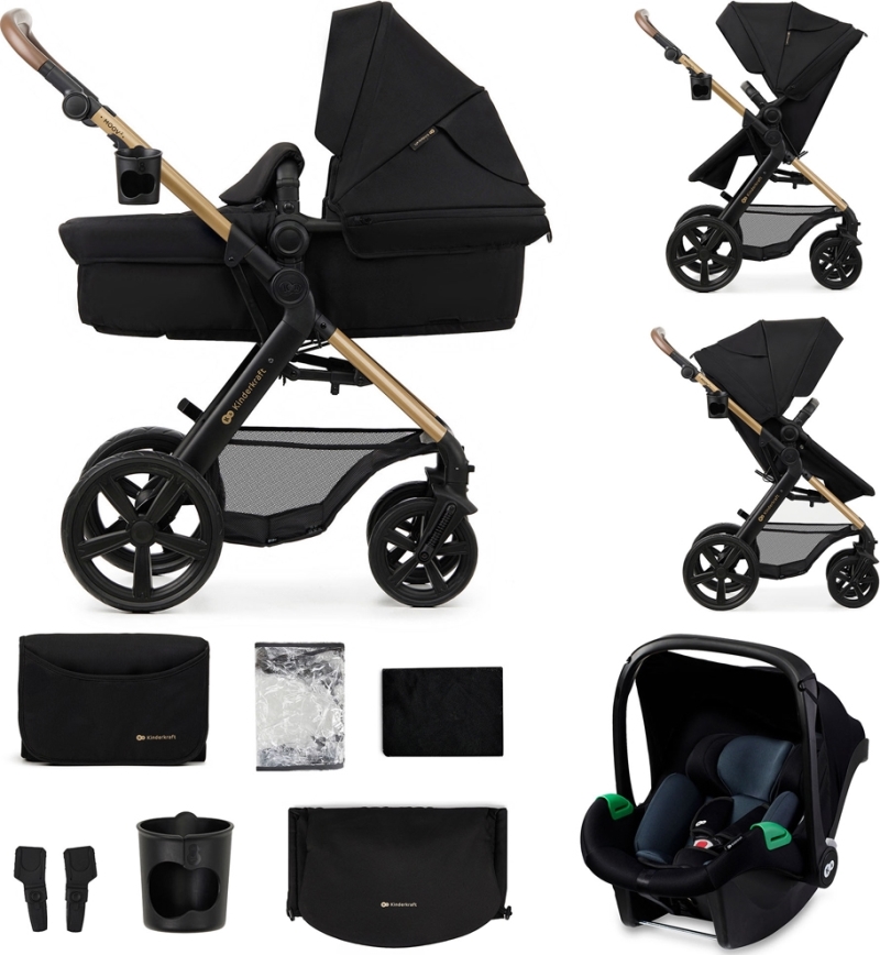KINDERKRAFT - Kombinovaný kočárek 3v1 MOOV 2 Pure black + autosedačka MINK PRO