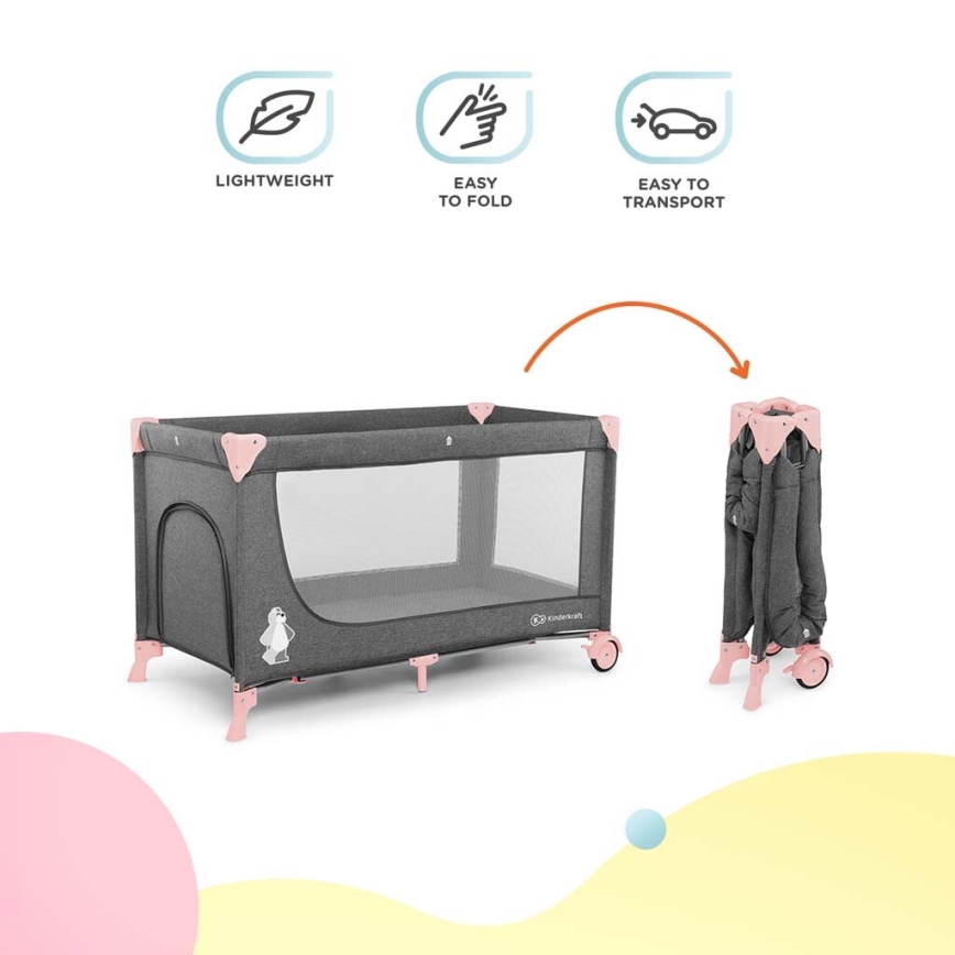 KINDERKRAFT - Postýlka cestovní JOY s doplňky šedorůžová