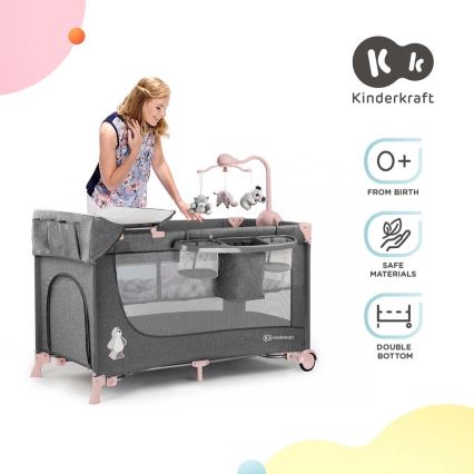 KINDERKRAFT - Postýlka cestovní JOY s doplňky šedorůžová