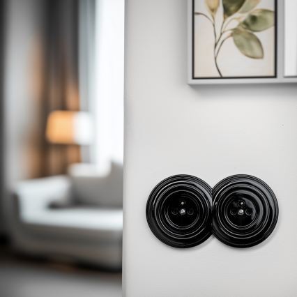 Kliklap - Dvojitá retro zásuvka domovní s rámečkem č. 1 černá