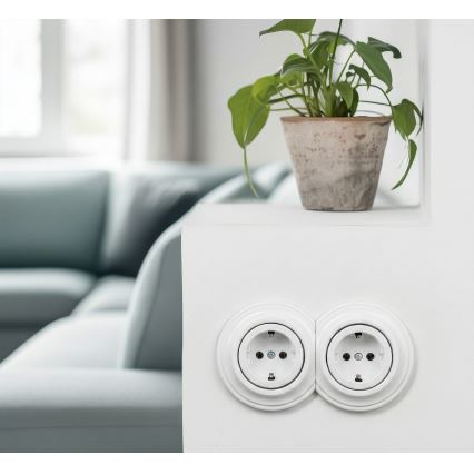 Kliklap - Dvojitá retro zásuvka domovní s rámečkem SCHUKO 230V sněhově bílá