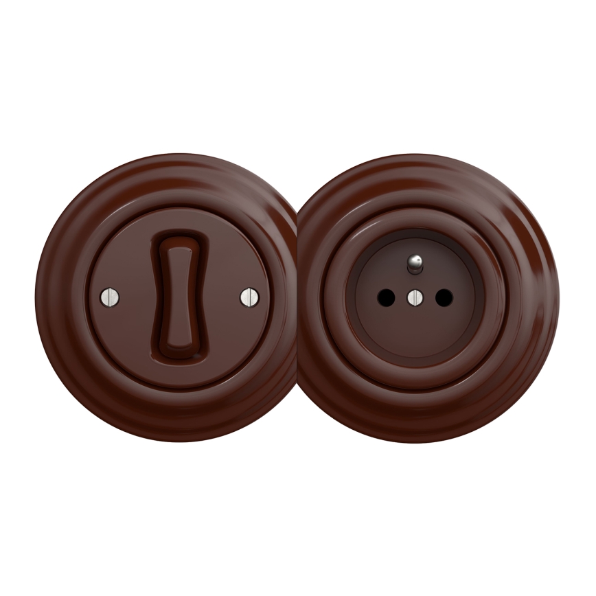 Kliklap - Retro jednopólový vypínač č. 1 a zásuvka 230V s rámečkem hnědá
