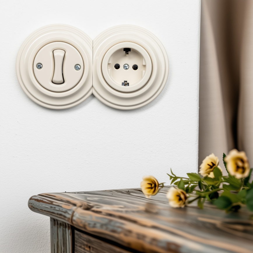 Kliklap - Retro jednopólový vypínač č. 1 a zásuvka SCHUKO 230V s rámečkem béžová