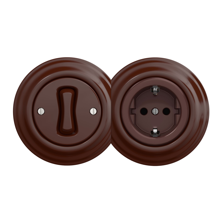 Kliklap - Retro jednopólový vypínač č. 1 a zásuvka SCHUKO 230V s rámečkem hnědá