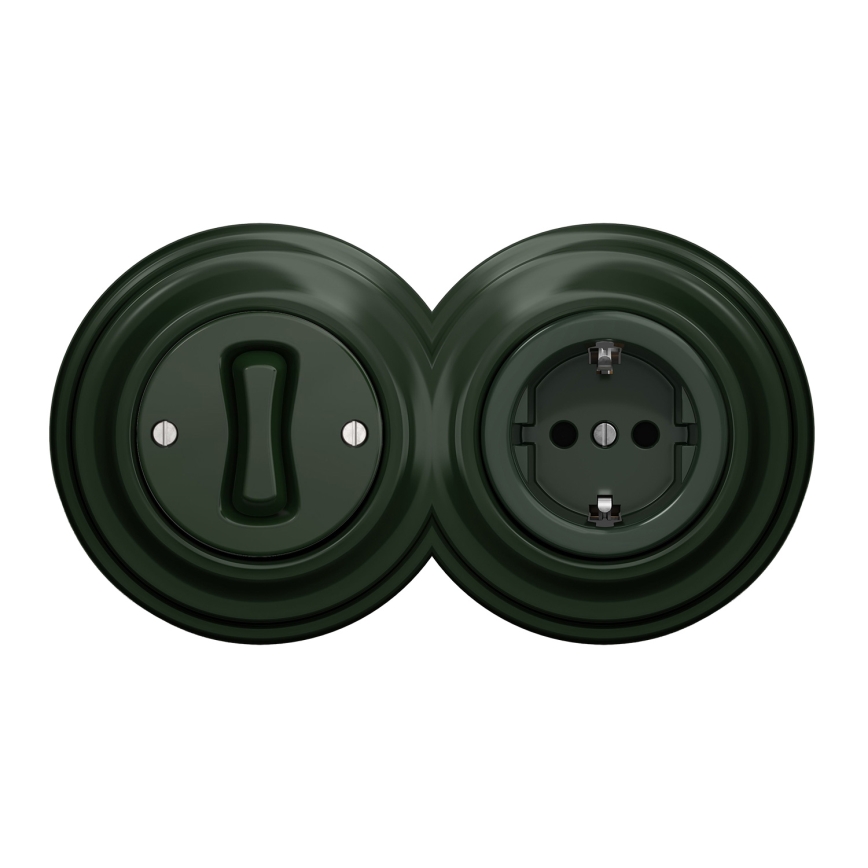 Kliklap - Retro jednopólový vypínač č. 1 a zásuvka SCHUKO 230V s rámečkem zelená