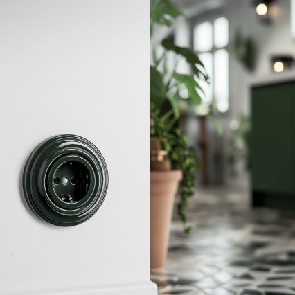 Kliklap - Retro zásuvka domovní s rámečkem SCHUKO 230V/16A zelená