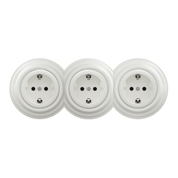 Kliklap - Trojitá retro zásuvka domovní s rámečkem SCHUKO 230V keramická bílá