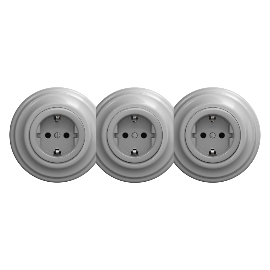 Kliklap - Trojitá retro zásuvka domovní s rámečkem SCHUKO 230V šedá