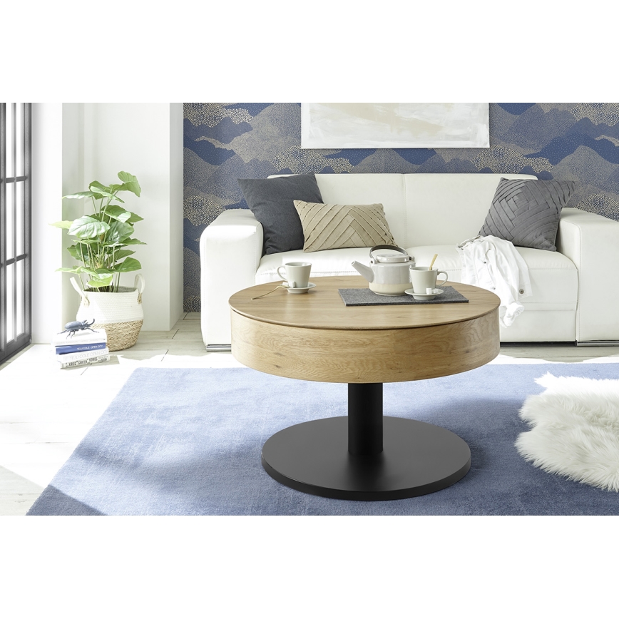 Konferenční stolek ELEMENT se zvedací deskou pr. 75 cm dub/černá