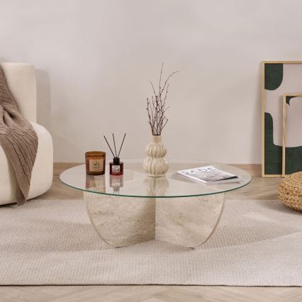 Konferenční stolek VERE pr. 90 cm béžová/čirá